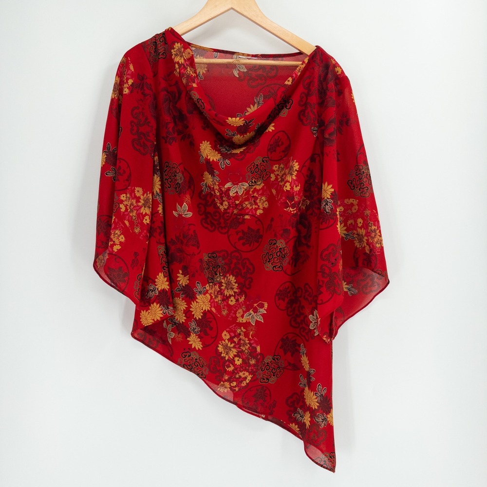 Vintage Y2K Asymmetrical Top Women L Red Floral Cowl Chiffon Chinoiserie Asian